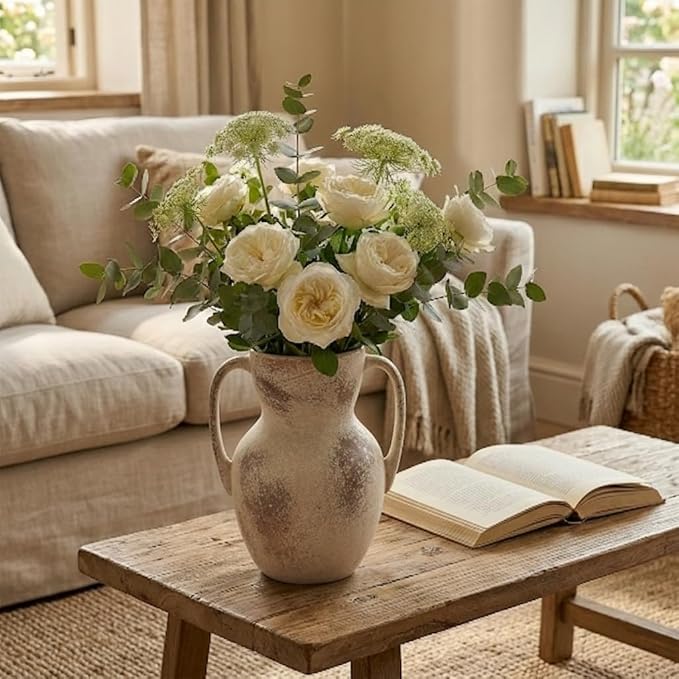 Emotionally Grounded Vase, Vaseking Large Ceramic Rustic Vase with 2 Handles, 8.6 inch Minimalist Decorative Farmhouse Tall Vases for Home Decor, Living Room, Enterway, Table Decoration,Terra
