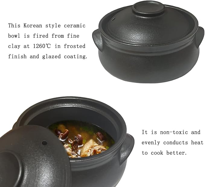 Korean Premium Stoneware Black Casserole Clay Pot with Lid,For Cooking Hot Pot Dolsot Bibimbap and Soup .(1100ml)