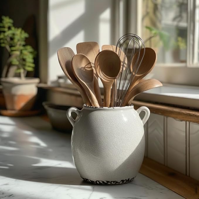 JIEMEI HOME Kitchen Utensil Holder with Handle, 6.69" Ceramic Farmhouse Stable Utensil Crock for Countertop, Cooking Tool Organizer with Cork Bottom, Spatula Holder For Kitchen Decor, White