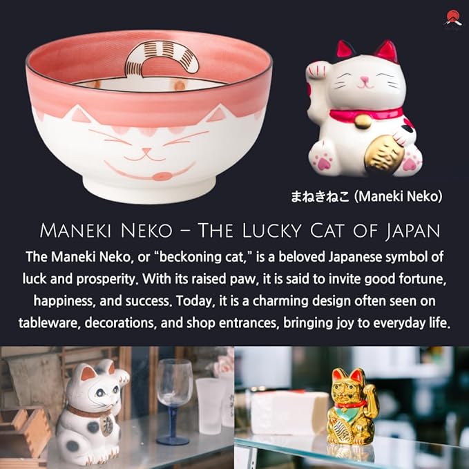 JapanBargain 2483, Set of 2 Japanese Porcelain Bowls, Mino Yaki Lucky Cat Collection, 5-inch 18 fl.oz, Made in Japan, Cute Maneki Neko Rice and Soup Bowls, Gift for Cat Lovers