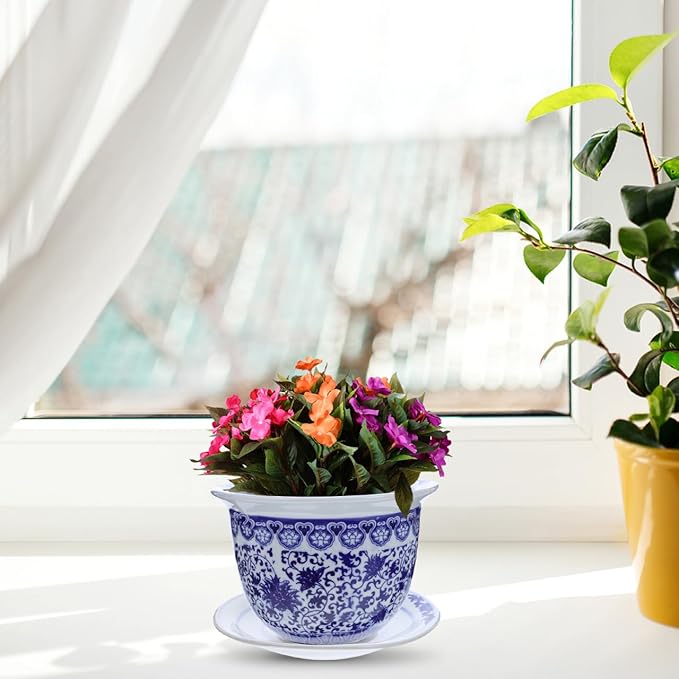 DOITOOL Blue and White Porcelain Plant pots with Drainage Holes and Drainage Tray for Indoor and Outdoor Plants, Ceramic Flower Pots