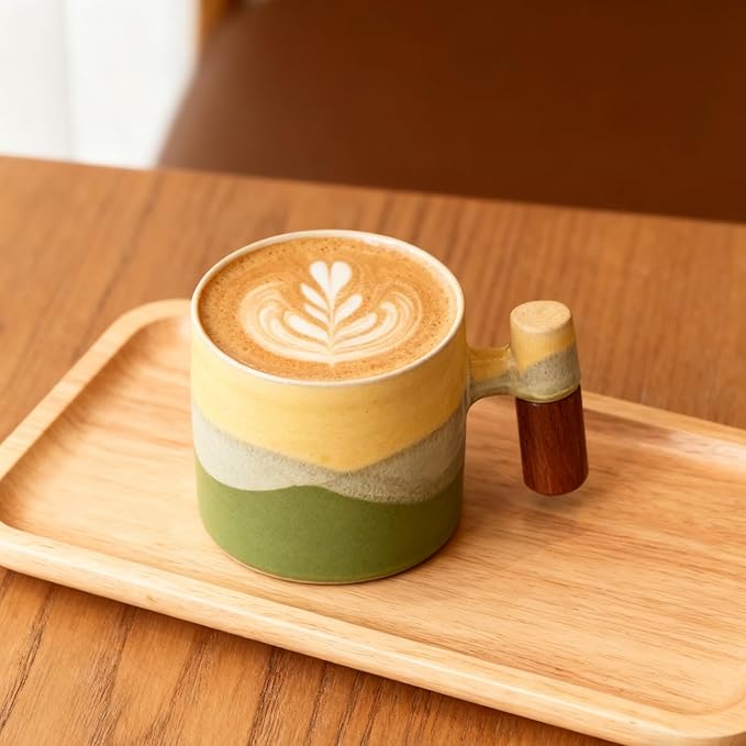 2.4oz Ceramic Espresso Cups Set of 4, Small Coffee Cups with Wooden Handle, Gradient Color Demitasse Cups, Ceramic Tea Cups Gift Box Packaging