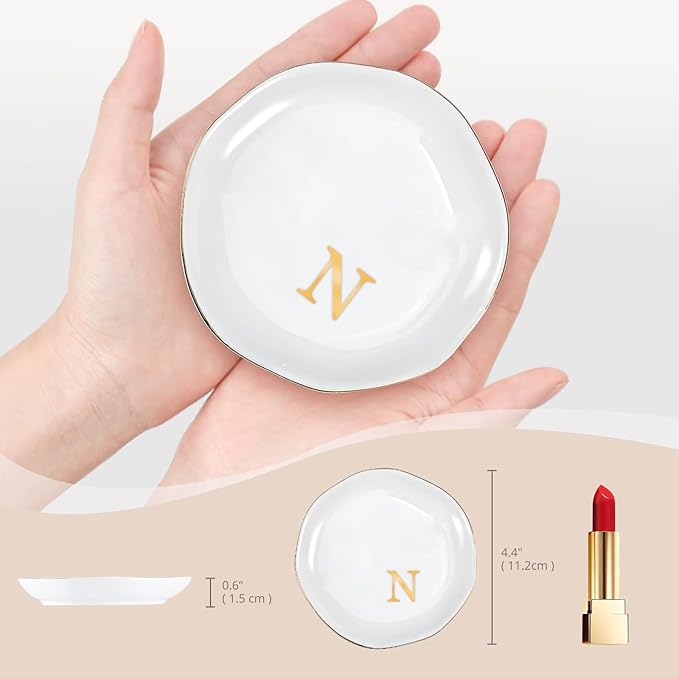 ProCase Ceramic Jewelry Tray, Initial Ring Dish Trinket Plate Engagement Gift, Small Personalized Monogram Ring Bowl for Wedding, White Decorative Jewelry Holder for Women Vanity -Letter N