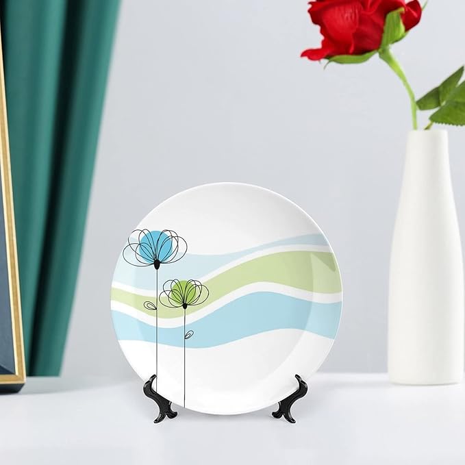 XISUNYA 7 Inch Decorative Plate, Doodle Porcelain Plate, Summer Flowers with Cute Colors and Wave Backgorund Print Ceramic Wall Hanging Decor Accessory for Dining Table Tabletop Home Decor