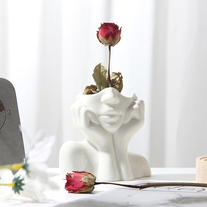 Ceramic Face Vase - Cute Half-Body Female Head Planter for Flowers, Modern Farmhouse Decor - Perfect for Desk, Table & Bookshelf, Home Accent (Small)