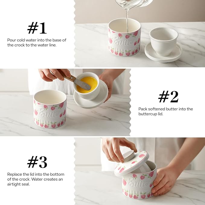 Toptier Butter Crock for Counter With Water Line, On Demand Spreadable Butter, Ceramic Butter Keeper to Leave On Counter, French Butter Dish with Lid (Strawberry)
