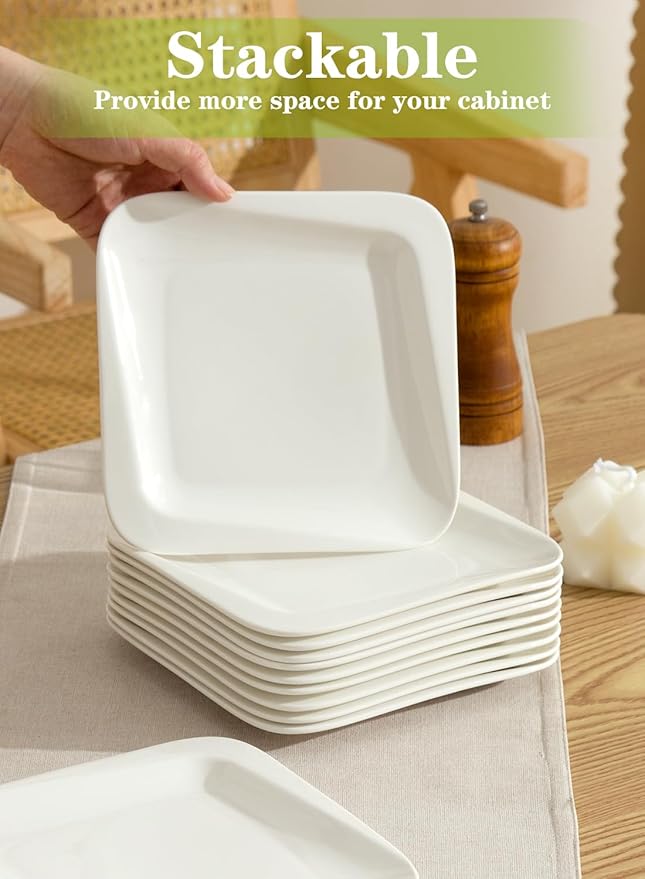 TAMAYKIM 7.3 Inch Porcelain Dessert Plates 10 Pieces, Appetizer Plates, Square Salad Dinnerware Sets, Scratch Resistant, Microwave, Oven and Dishwasher Safe, White