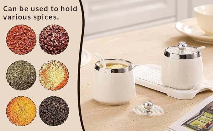 shuqiao Porcelain Condiment Jar Spice Container with Lid - Ceramic Spoon, Plastic Tray is the best clay pot for your home, kitchen, counter. White, 280 ml (9.4 oz), 2-piece set (3, Square)