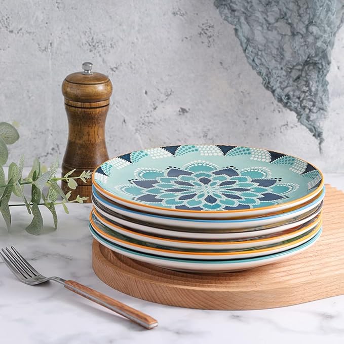 Dessert Plate Set of 6-8 Inch Ceramic Salad and Appetizer Plates - Vibrant Mix-and-Match Colors - Dishwasher and Microwave Safe