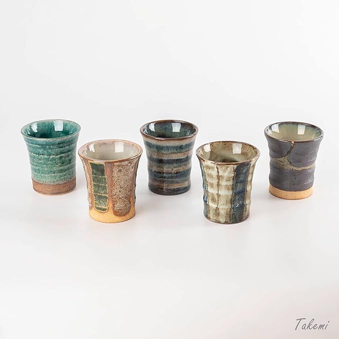 Japanese Sake Cup Set, Mino Ware Guinomi Ceramic Cups with Wooden Box, Traditional Pottery for Sake Tea, Handmade in Japan (Seian-gama Sake Set (5cups), Cup Size (4.9 fl oz - 145 ml))