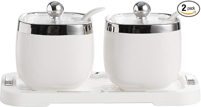 shuqiao Porcelain Condiment Jar Spice Container with Lid - Ceramic Spoon, Plastic Tray is the best clay pot for your home, kitchen, counter. White, 280 ml (9.4 oz), 2-piece set (3, Circle)