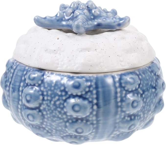 Yardwe Marine Style Jewelry Box, Blue Ceramic Trinket Dish with Lid for Nautical Room Decor Aesthetic Multifunctional Items Storage Container for Vanity Table Bedroom and Bathroom, 4.13X4.13X2.95Inch