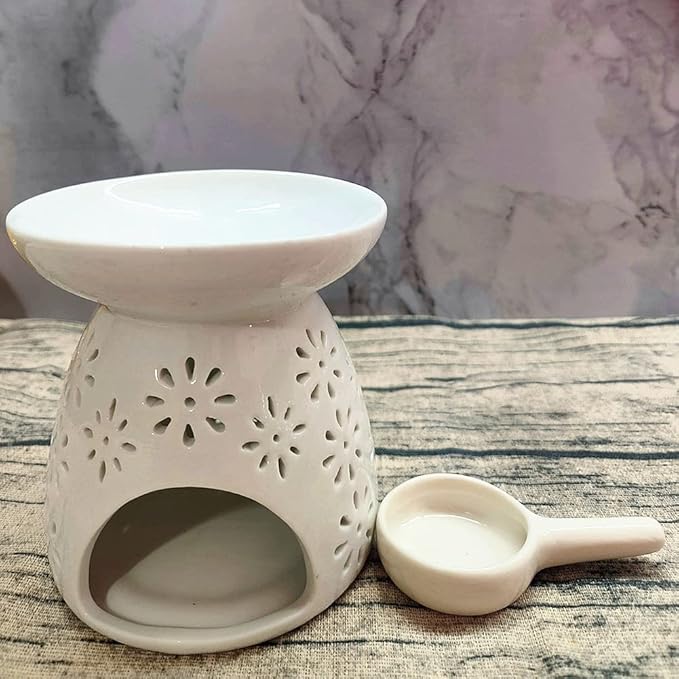 Ceramic Tealight Candle Holder Oil Burner with Spoon, White Aromatherapy Essential Oil Incense Diffuser Furnace for Yoga Spa Home Bedroom Decoration