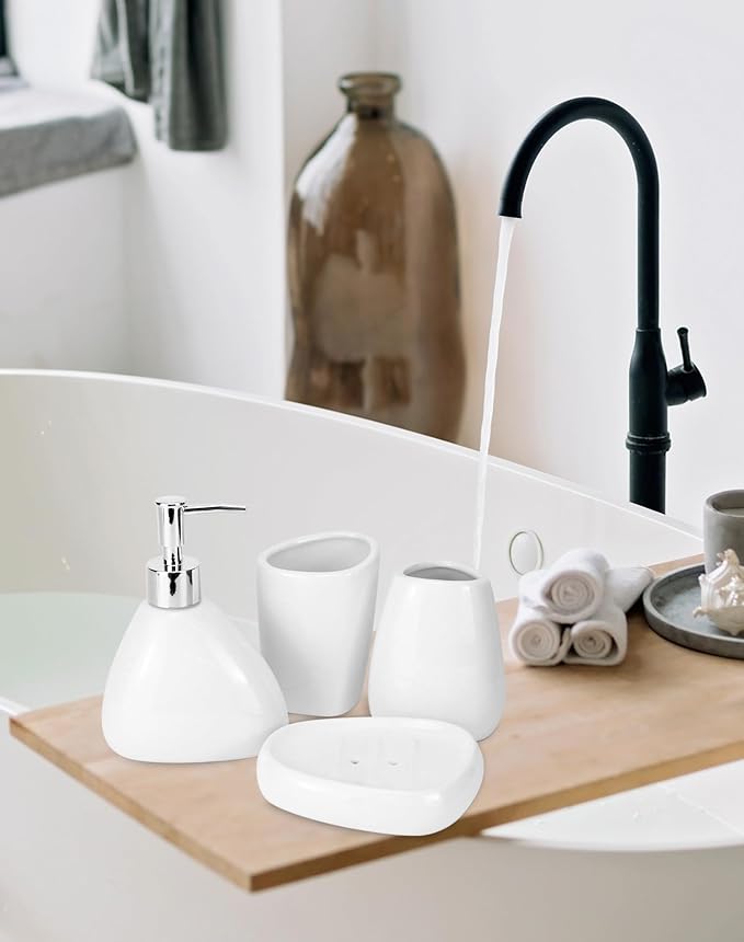 QWORK Elegant White Ceramic Bathroom Accessory Set – Modern Teardrop-Shaped 4-Piece Ensemble – Includes Soap Dispenser, Tumbler, Toothbrush Holder, and Soap Dish for Stylish Home Decor