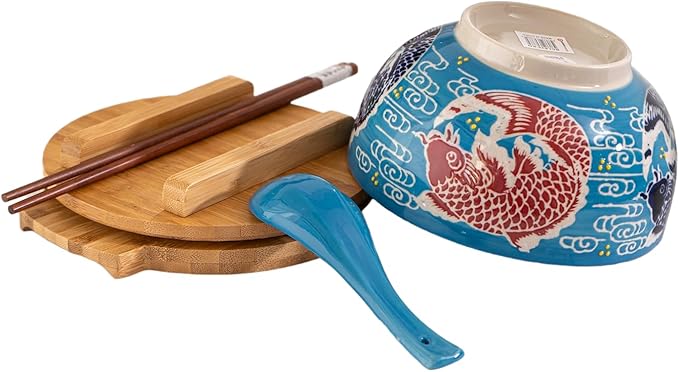Urban Tokyo Japanese Kamameshi Style Ceramic Glazed Japanese Ramen Udon Pho Noodle Bowl With Spoon, Bamboo Lid, Chopsticks and Trivet 5 Piece Set (Japanese Koi Fish), BCH625