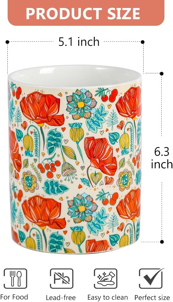 Kitchen Utensil Holder, 6.3 Inch Red Floral Ceramic Cooking Utensil Holder Modern Utensil Crocks for Kitchen Counter-Farmhouse, Housewarming Gift, Decor and Accessories (Flower-01, 6.3 Inch)