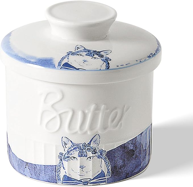 Toptier Butter Crock for Counter With Water Line, On Demand Spreadable Butter, Ceramic Butter Keeper to Leave On Counter, French Butter Dish with Lid (Hottie Cat)