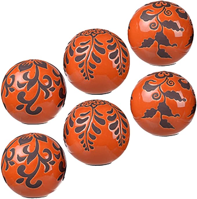A&B Home Decorative Orbs - Table Centerpieces Set of 6 Ceramic Sphere Ball with Flat Side Orange Pattern, 4 inch
