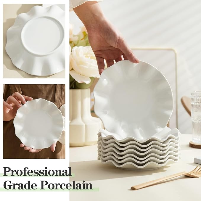 7 Inch Porcelain Small Dinner Plates, Set of 12, White Appetizer Plates, Wave Rim Dessert Salad Plate, Serving Dishes for Cake, Snack, Ice Cream, Waffles, Microwave, Oven, Dishwasher Safe