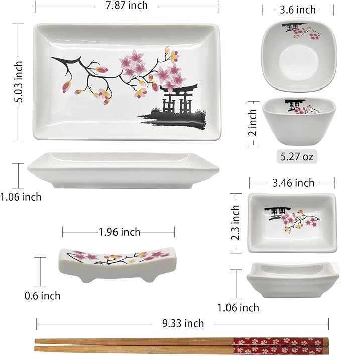 10 pcs Japanese Sushi Plate Sets Serving Platters and Trays for Entertaining Sushi Dishes Set Plates Sushi Plates Traditional Cuisine Dinnerware Sets with Chopsticks Pink Sakura