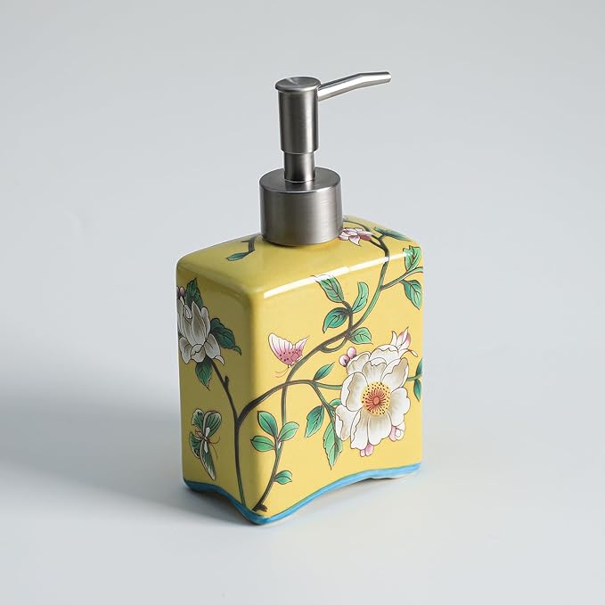 Ceramic Soap Dispenser, Lotion Bottle, Soap Bottle with Removable Pump, Flower Pattern Dispenser for Kitchen Soap, Bathroom Soap, Lotion and Essential Oil-Yellow-13 OZ