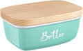 ALELION Turquoise Ceramic Butter Dish with Lid - Turquoise Kitchen Decor & Teal Kitchen Accessories for Countertop - Butter Keeper Container with Thick Beech Wood Lid - Cute Modern Farmhouse Decor