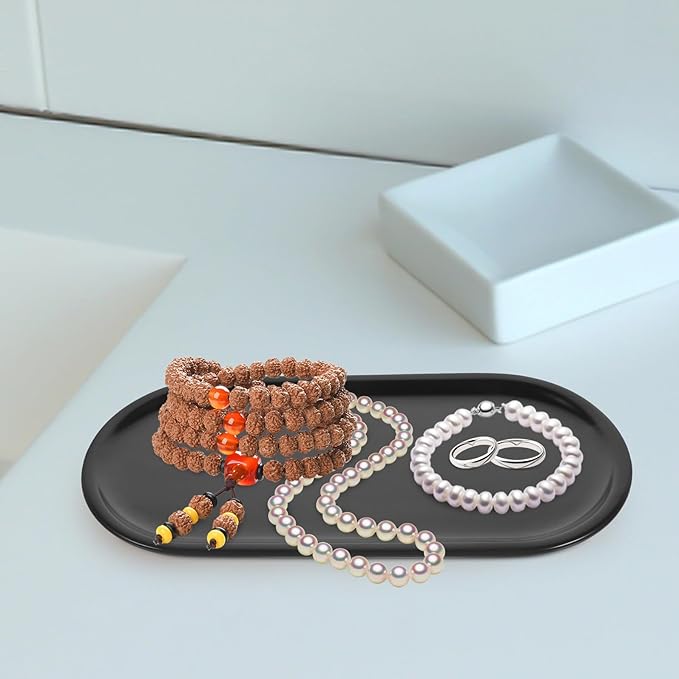 Garneck Ceramic Vanity Tray Small Oval Countertop Storage Tray Black Bathroom Organizer Cosmetic Container Jewelry Holder for Entryway and Dresser