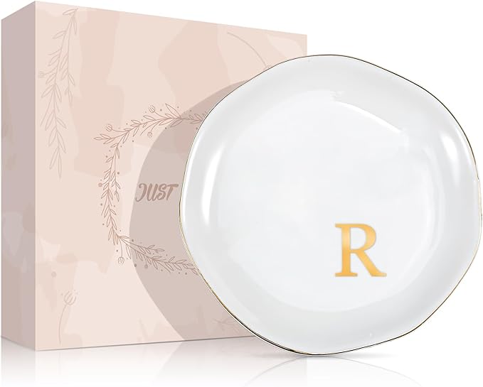 ProCase Ceramic Jewelry Tray, Initial Ring Dish Trinket Plate Engagement Gift, Small Personalized Monogram Ring Bowl for Wedding, White Decorative Jewelry Holder for Women Vanity -Letter R
