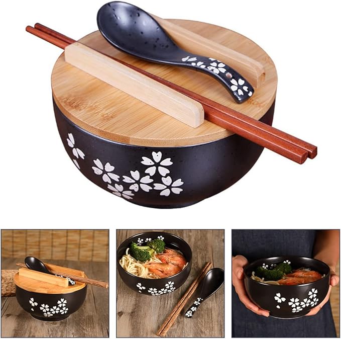 1 Set Japanese Style Ceramic Noodle Bowl with Cover and Spoon Soup Bowl for Ramen Soba Salad and Udon Easy to Clean Heat Preserving Design