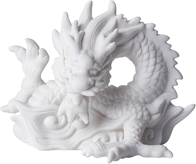 SWLOM Garden Decor Chinese Feng Shui White Dragon Figurine, Asian Patio Decor, Ceramic Oriental Dragon Sculpture Tabletop Ornaments