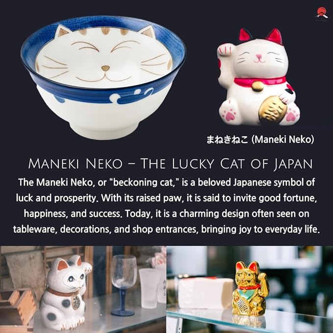 JapanBargain, Set of 2 Japanese Porcelain Bowls Serving Soup Rice Noodle Udon and Salad, Maneki Neko Smiling Cat Pattern, 18 fl.oz, 6-inch, Blue Color, Made in Japan