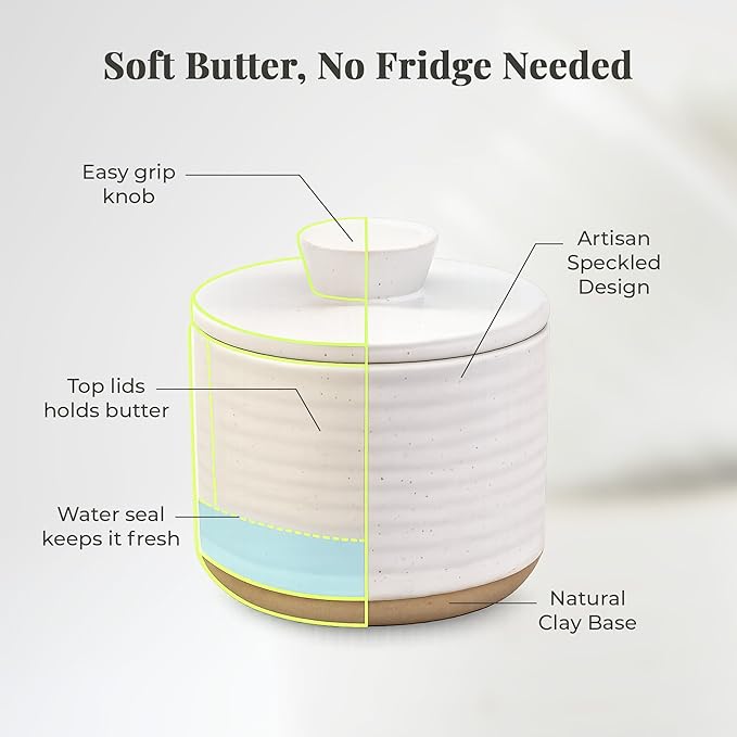 Premium Ceramic Butter Crock with Water Seal | Large 3-Stick Capacity Farmhouse French Butter Keeper | Speckled Stoneware & Natural Clay | Gift-Ready Packaging, Keeps Butter Soft & Spreadable
