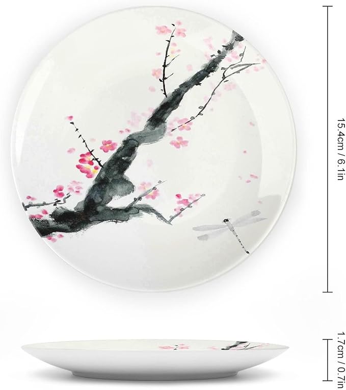 XISUNYA 7 Inch Decorative Plate, Dragonfly Ceramic Stoneware, Branch of Pink Cherry Blossom Sakura Tree Bud and Dragonfly Print Ceramic Wall Hanging for Home & Office Wall Hanging Decor