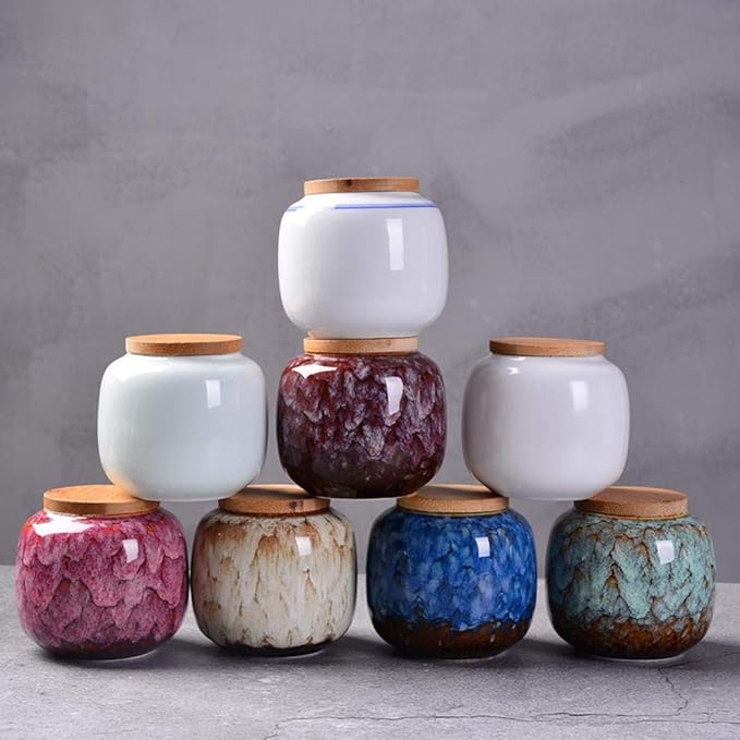 Gets Vintage Chinese Style Ceramic Storage Jars with Bamboo Lid, Traditional Tea Tins Cans Canister for Kitchen Spice, Tea, Coffee, Condiment (Dark Blue, 8x7.3 cm)