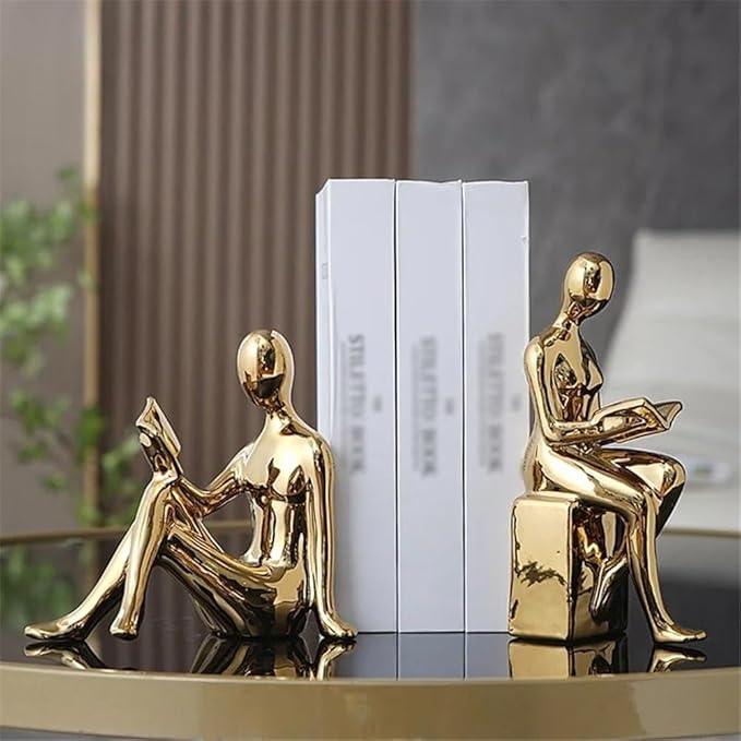 1 Set/2 Pieces Ceramic Bookends for Shelf, Desk, Study, Sculptural Decoration Book Holder (Silver)
