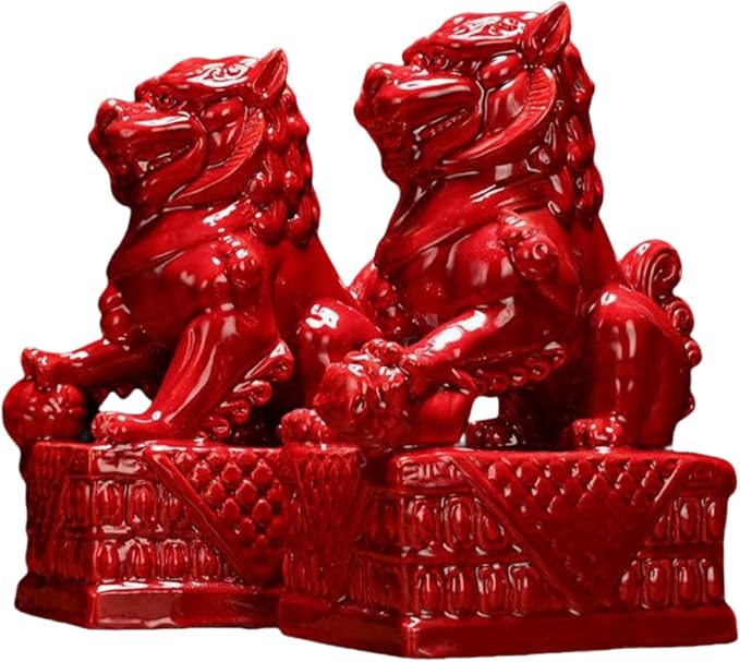 Animal Ornament Sculpture Ceramic Lions Pair Home Decorations Asian Art Desktop Feng Shui Ornaments Red