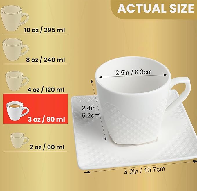 Espresso Cups With Saucer - 3 oz (90 ml) Turkish Coffee Cup, Small Modern Embossed Porcelain for Expresso, Cuban & Arabic Coffee, Elegant White (Set of 6)