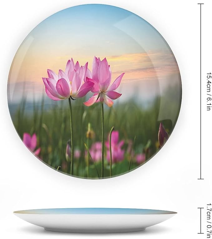 XISUNYA 10 Inch Decorative Plate, Lotus Ceramic Craft, Beautiful Asian Flower Blooming in Spring Meadow Print Ceramic Wall Hanging Decor Accessory for Dining Table Tabletop Home Decor
