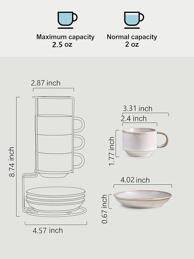 Gomakren 2.5 Ounce Espresso Cups Set of 4, Small Stackable Coffee Cups with Saucers and Metal Stand, Valentine Porcelain Demitasse Cups for Specialty Coffee Drinks, Espresso, Cappuccino, Latte, White