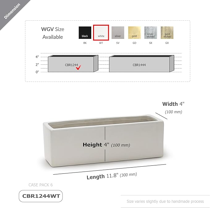 WGVI Long Rectangle Ceramic Planter Vase in White 12" x 4" x 4"H, Block Rectangular Terrarium Box Pot, Flower Arrangement, Table top Centerpiece, Home Decor Organization Storage Container, 1 Pc.