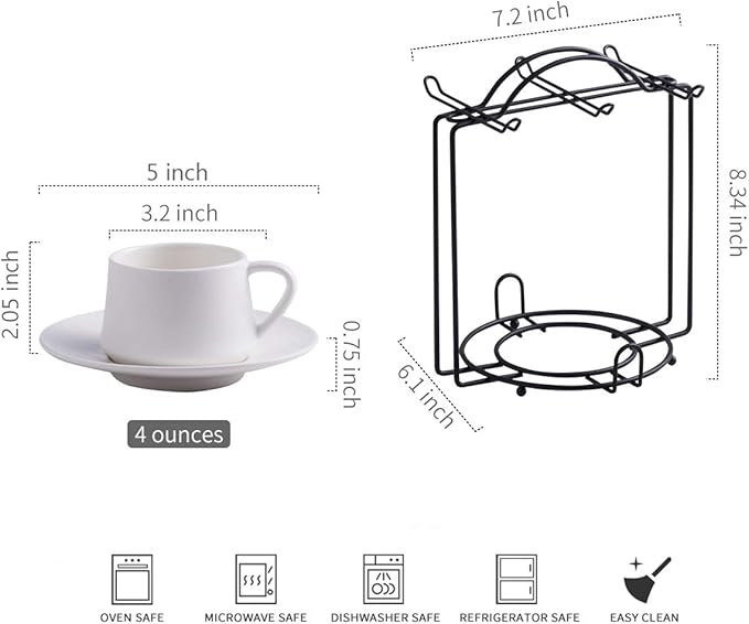 YHOSSEUN Espresso Cups Set with Saucers and Metal Stand Coffee Cup Set of 6 4 oz Cappuccino Cups Teacup for Tea Party - White