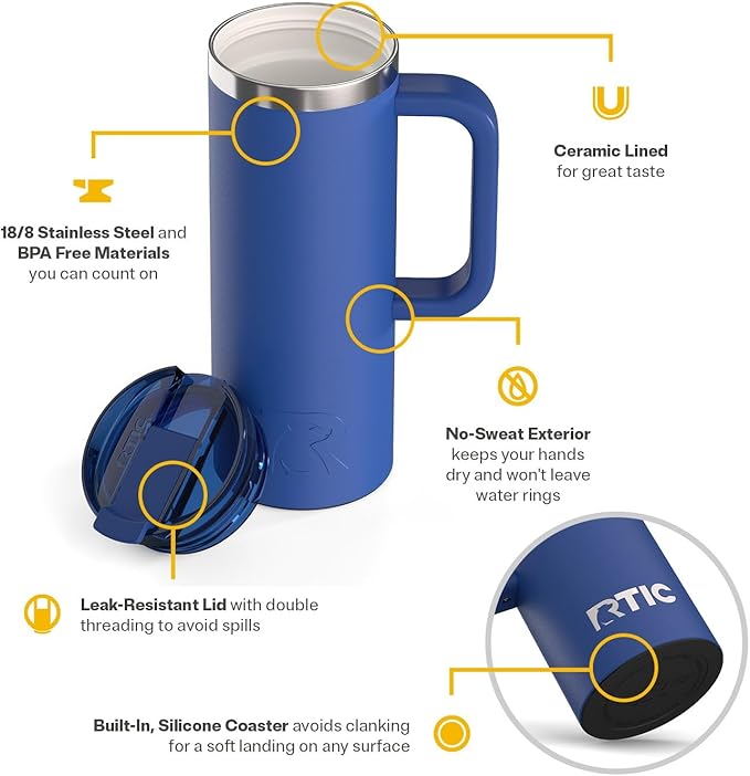 RTIC 20oz Road Trip Travel Mug with Lid and Handle, Ceramic Lined, Insulated, Stainless Steel, Metal, Double Wall Vacuum-Insulation, Portable Coffee, Tea Cup for Hot and Cold Drink, Cobalt