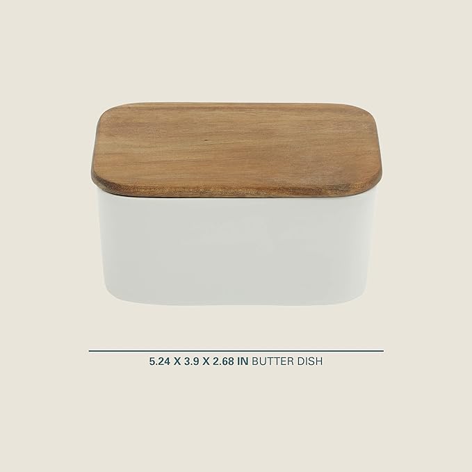 Gibson Home Bristlewood Rectangular Ceramic Butter Keeper with Acacia Wood Lid, Modern Farmhouse Butter Dish, Glazed Stoneware Storage for Kitchen Countertop or Table