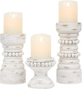 MODE HOME Rustic White Wood Candle Holders Set of 3, Farmhouse Beaded Wood Pillar Candle Holder, Candle Holders for Pillar Candles & Candlesticks, Candle Sticks Holder Decor for Table Centerpiece