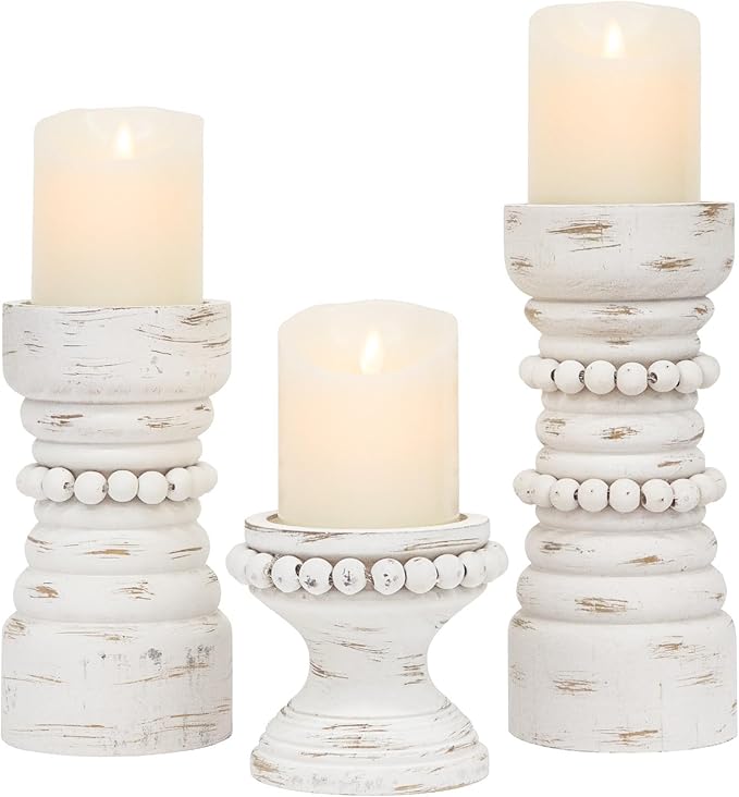 MODE HOME Rustic White Wood Candle Holders Set of 3, Farmhouse Beaded Wood Pillar Candle Holder, Candle Holders for Pillar Candles & Candlesticks, Candle Sticks Holder Decor for Table Centerpiece