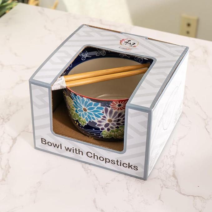 Urban Tokyo Handpainted Ceramic Glazed Japanese Ramen Udon Noodle Rice Bowl With Chopsticks 20 fl oz 5 inch Diameter Bowl Sets Color Box Packaging (Floral Assortment)