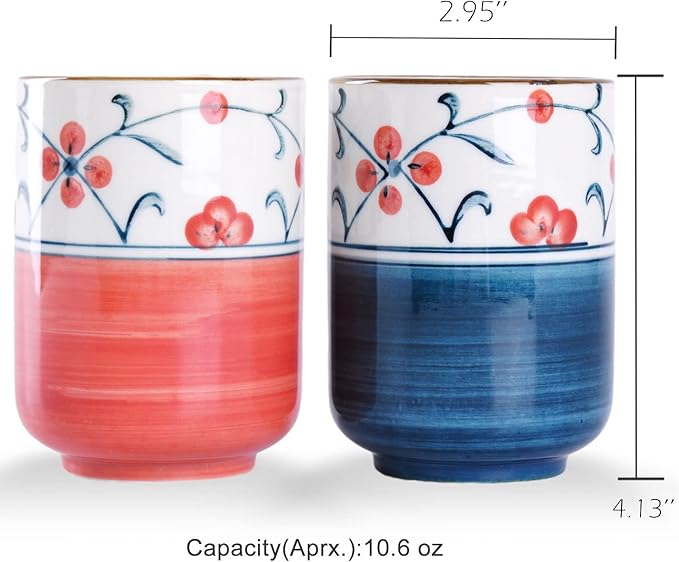 WHJY 10oz Transitional Chinese/Japanese style Handle-less Ceramic Tea cups teacup, Red Flora Pattern Set of 2