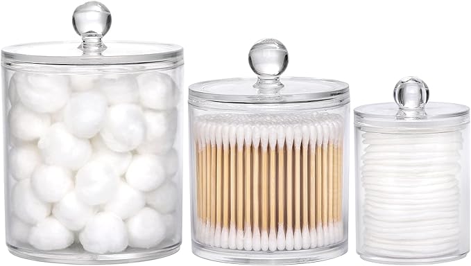 Tbestmax 10/20/36 Oz Cotton Swab/Ball/Pad Holder, Qtip Apothecary Jar Clear Bathroom Containers Dispenser Clear Lids for Storage 3 Set