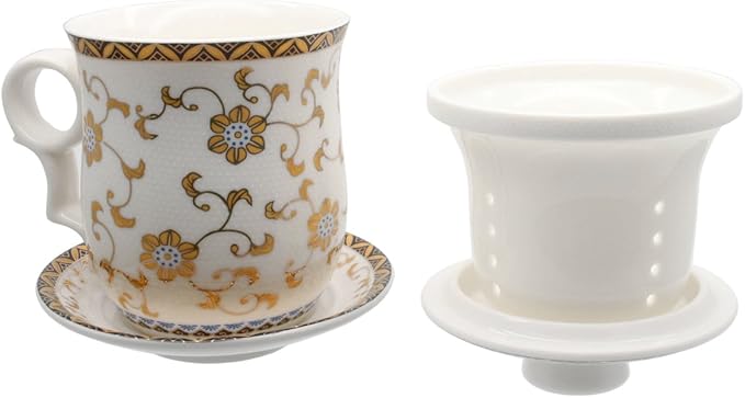 Porcelain Tea Cup with Infuser Lid and Saucer Sets - Chinese Jingdezhen Ceramics Coffee Mug Teacup Loose Leaf Tea Brewing System for Home Office