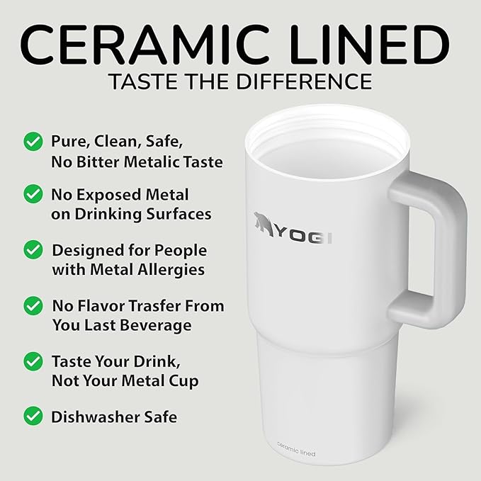 YOGI Ceramic Lined Metal Allergy Safe 24oz Tumbler with Handle and Straw Leakproof Flip & Sip Lid Vacuum Insulated Stainless Steel Travel Cup for Iced Coffee Water and All-Day Hydration 24oz Polar